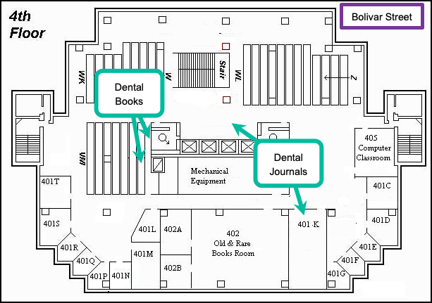 Drawing of the floorplan of the 4th Floor of the Library; areas for relocation of dental books and journals are indicated
